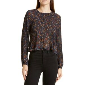 Veronica Beard Lewin Top Black Multi Floral Plisse Pleated Blouse Holiday Boho 4